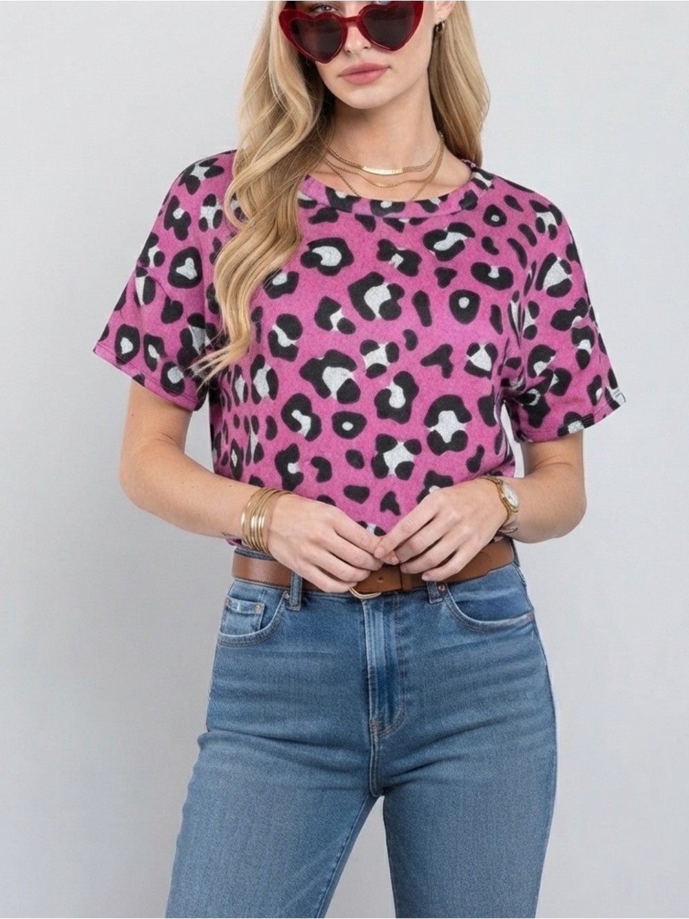 HAPTICS by Holly Harper Short Sleeve Animal Print Purple Knit Top Womens Small